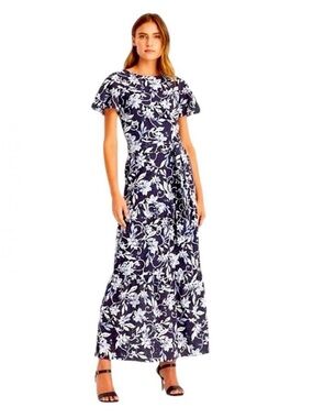 Lauren Ralph Lauren Navy White Eyelet Cotton Tropical Floral Maxi Dress Size 2